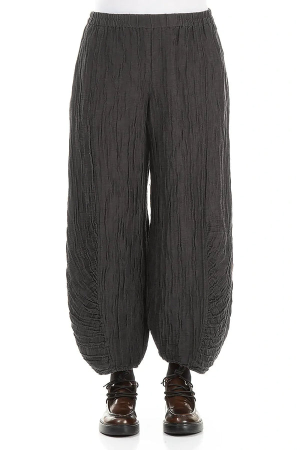 Ruched Hem Charcoal Crinkled Silk Linen Trousers 1