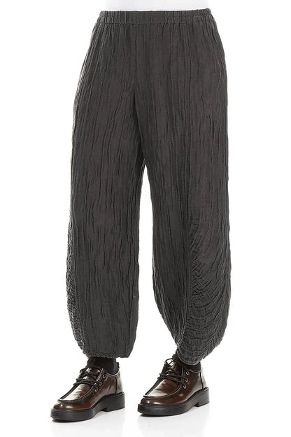 Ruched Hem Charcoal Crinkled Silk Linen Trousers
