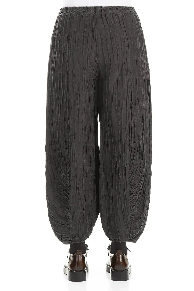 Ruched Hem Charcoal Crinkled Silk Linen Trousers