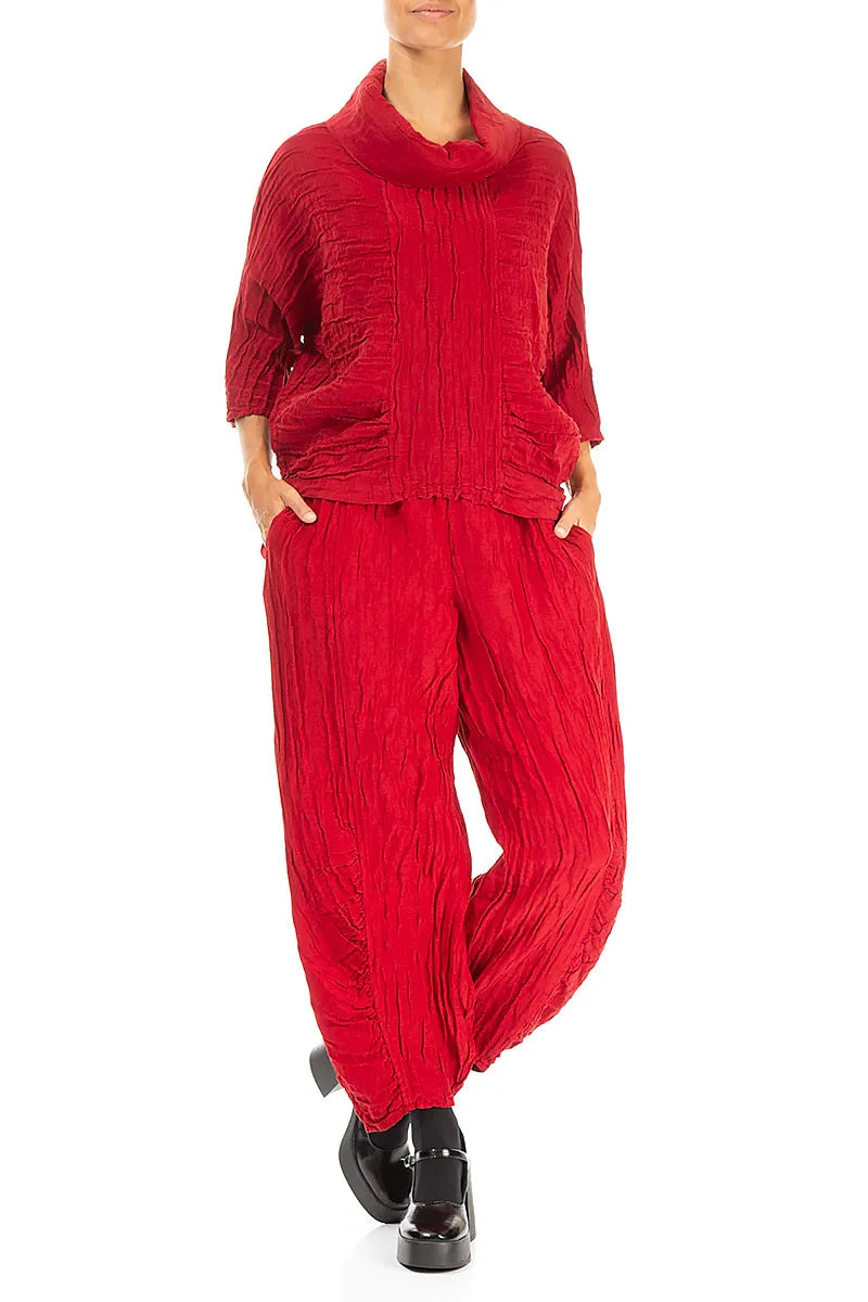 Ruched Hem Cherry Red Crinkled Silk Linen Trousers 4