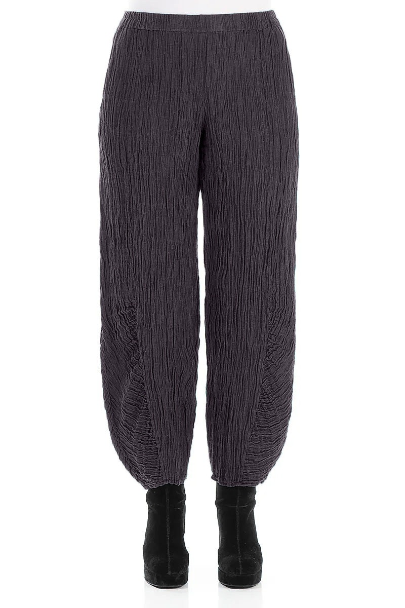 Ruched Hem Graphite Blue Crinkled Silk Trousers