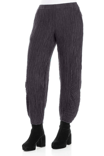 Ruched Hem Graphite Blue Crinkled Silk Trousers