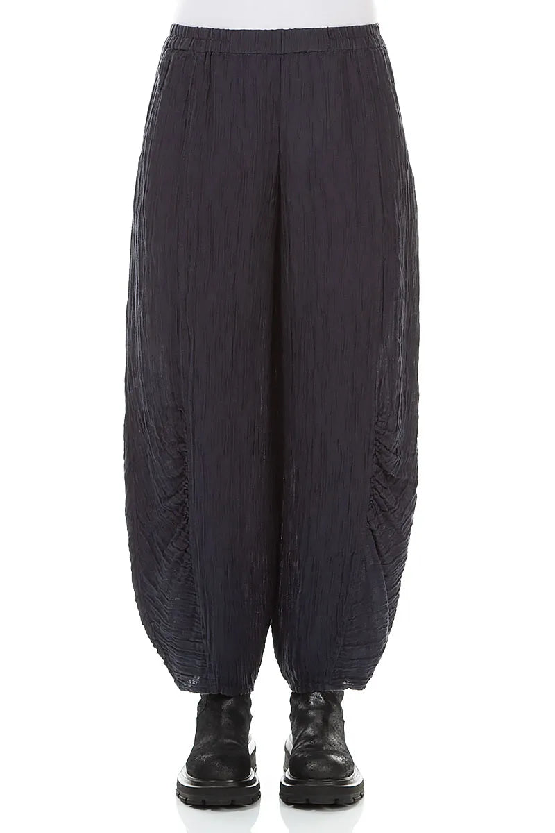 Ruched Hem Graphite Blue Crinkled Silk Trousers