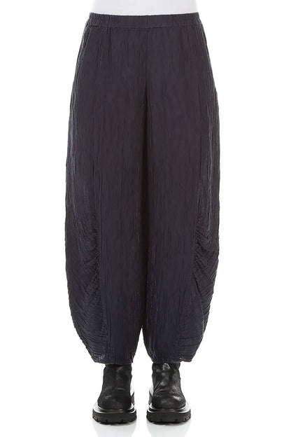 Ruched Hem Graphite Blue Crinkled Silk Trousers