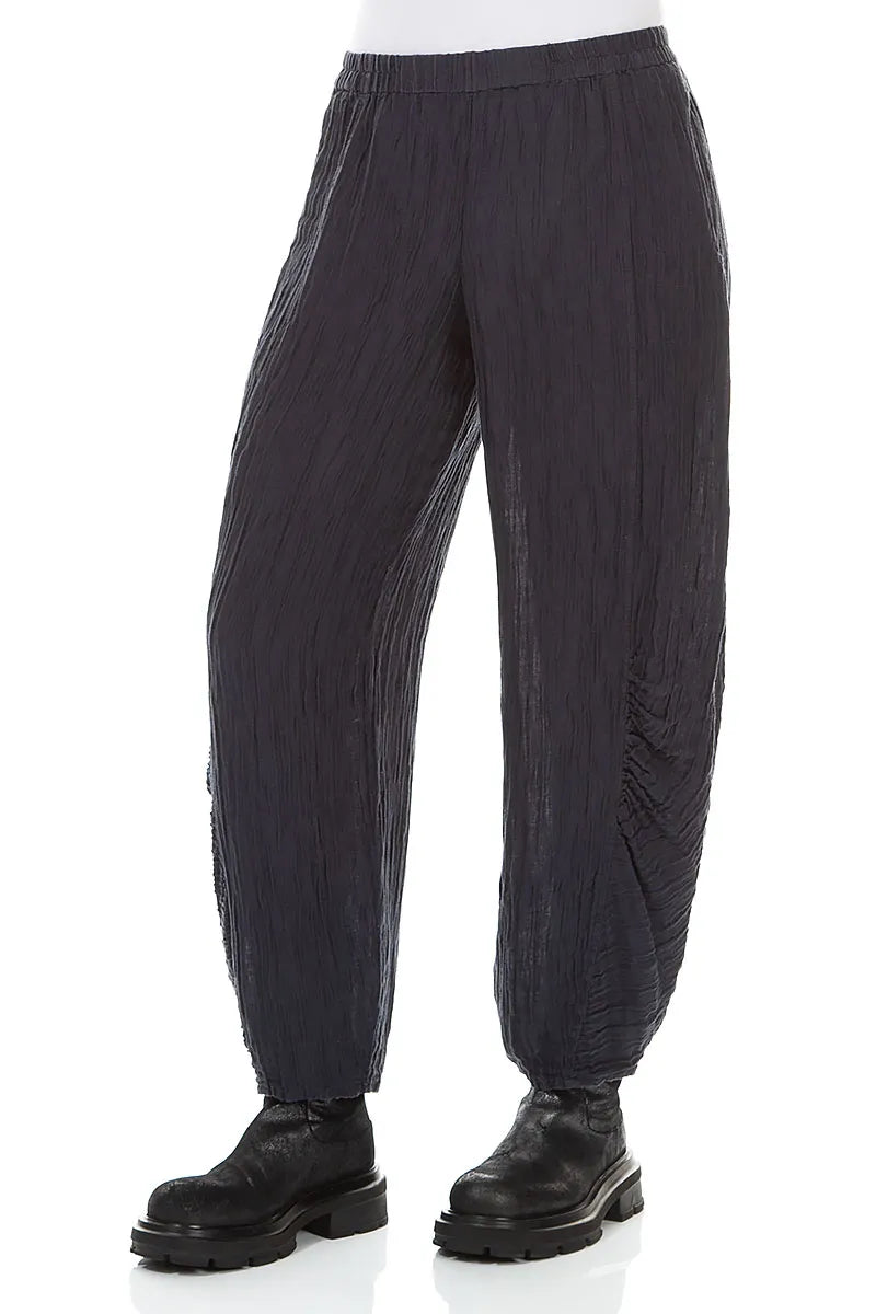 Ruched Hem Graphite Blue Crinkled Silk Trousers
