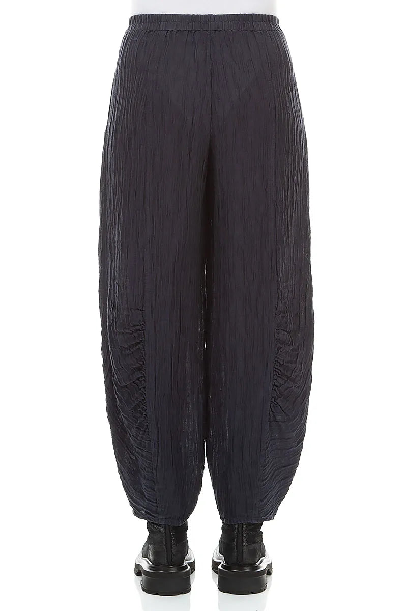 Ruched Hem Graphite Blue Crinkled Silk Trousers