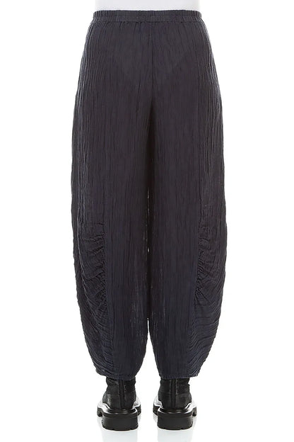 Ruched Hem Graphite Blue Crinkled Silk Trousers