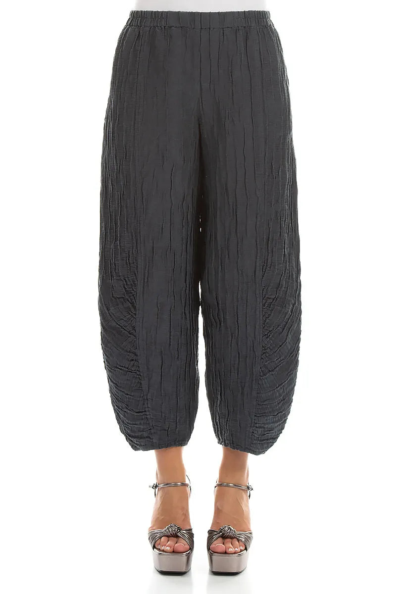 Ruched Hem Graphite Crinkled Silk Linen Trousers 1