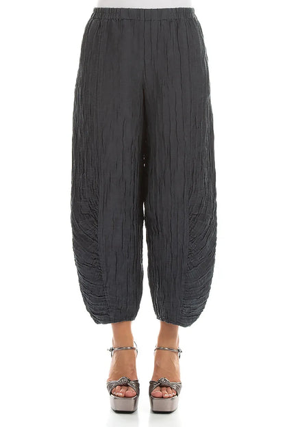 Ruched Hem Graphite Crinkled Silk Linen Trousers 1