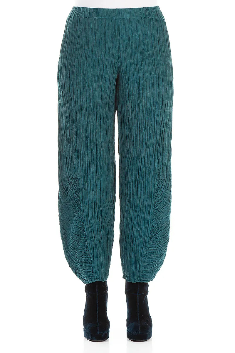 Ruched Hem Peacock Crinkled Silk Trousers 1