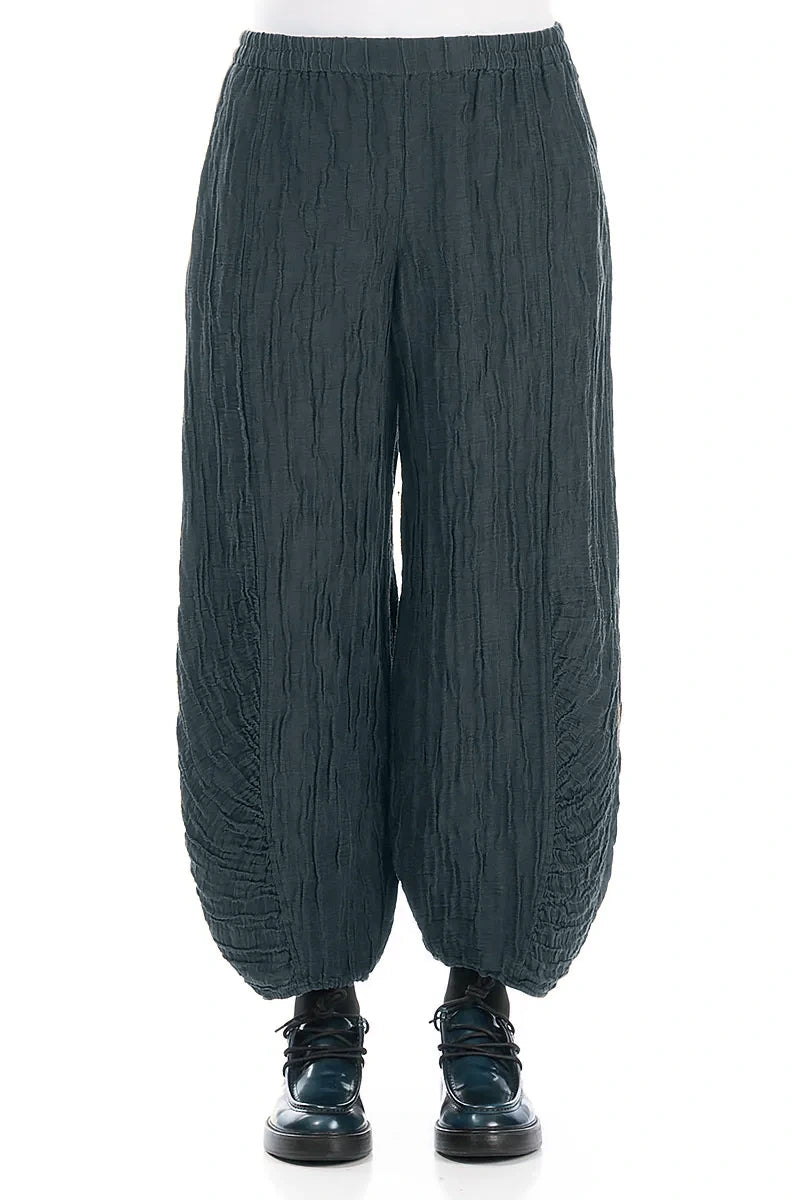 Ruched Hem Slate Crinkled Silk Linen Trousers