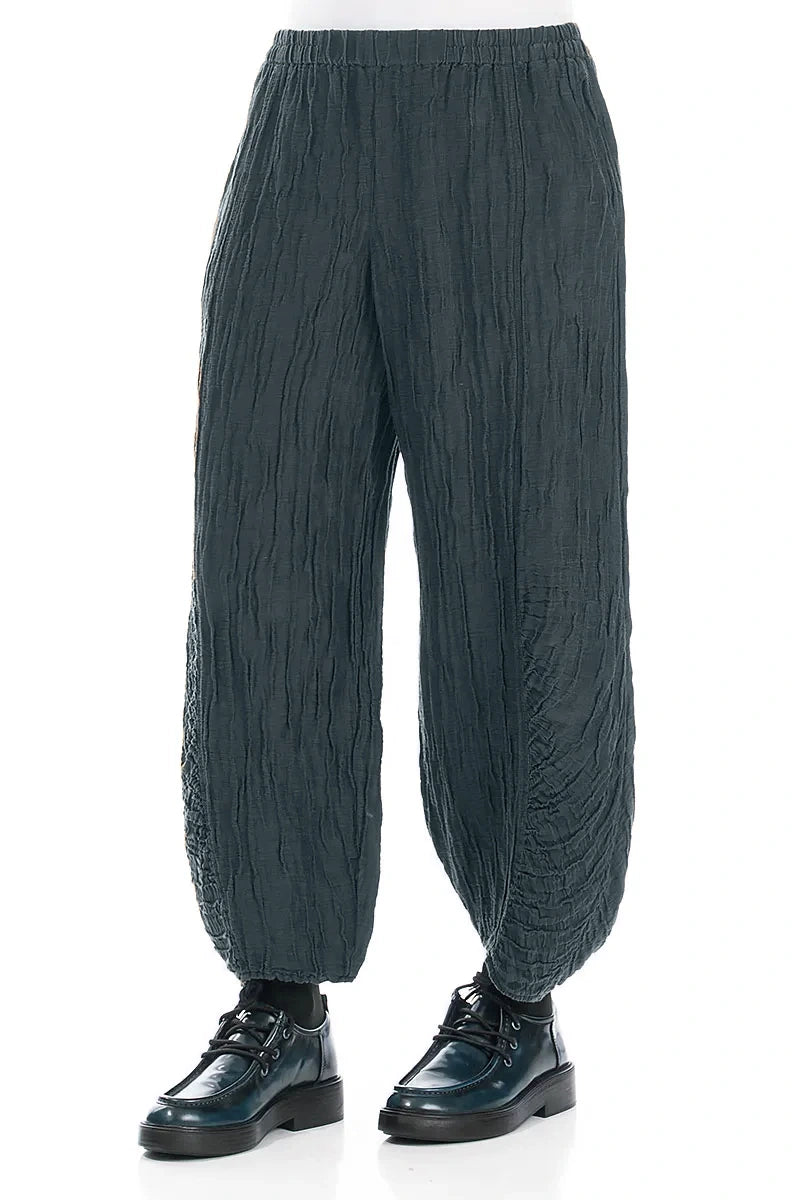 Ruched Hem Slate Crinkled Silk Linen Trousers