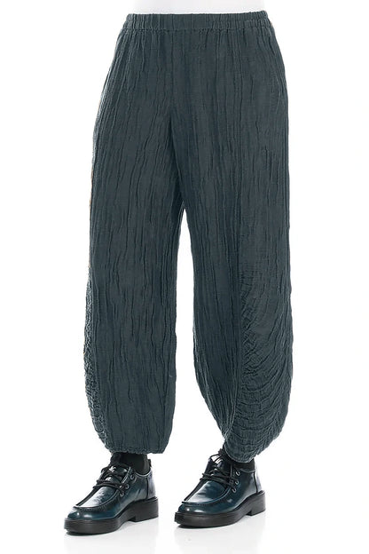 Ruched Hem Slate Crinkled Silk Linen Trousers