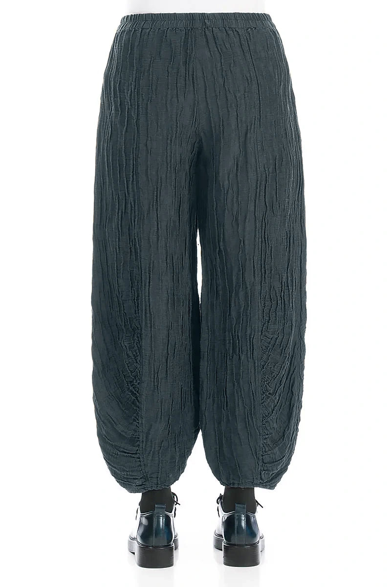 Ruched Hem Slate Crinkled Silk Linen Trousers