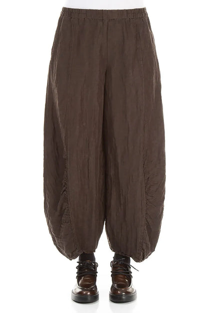 Ruched Hem Textured Forest Brown Silk Linen Trousers