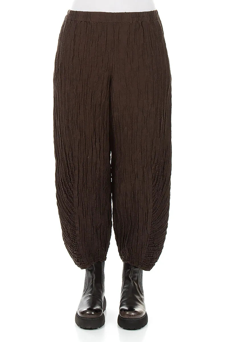 Ruched Hem Truffle Brown Crinkled Silk Linen Trousers 1