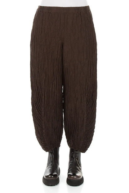 Ruched Hem Truffle Brown Crinkled Silk Linen Trousers