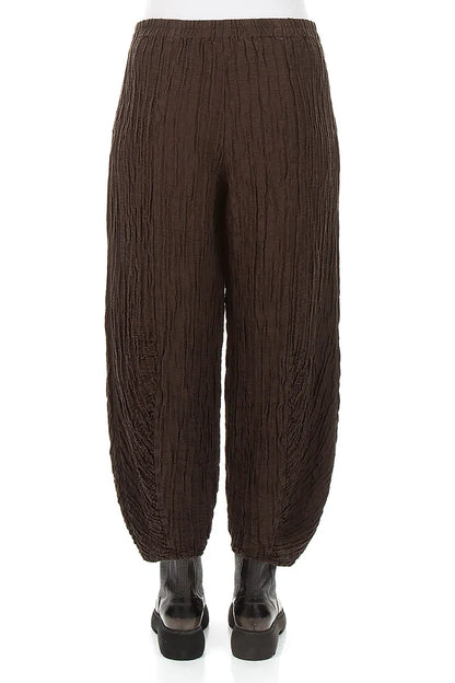 Ruched Hem Truffle Brown Crinkled Silk Linen Trousers