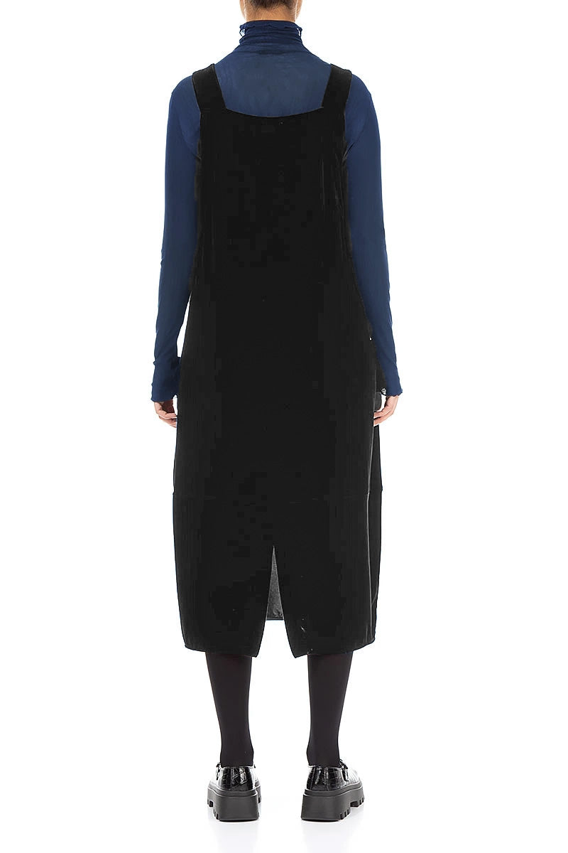 Ruched Pockets Black Silk Velvet Dungaree Dress