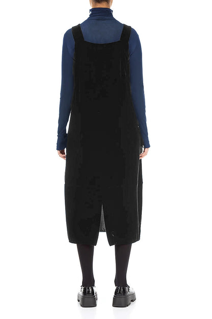 Ruched Pockets Black Silk Velvet Dungaree Dress