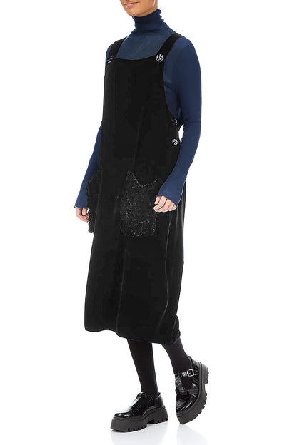 Ruched Pockets Black Silk Velvet Dungaree Dress