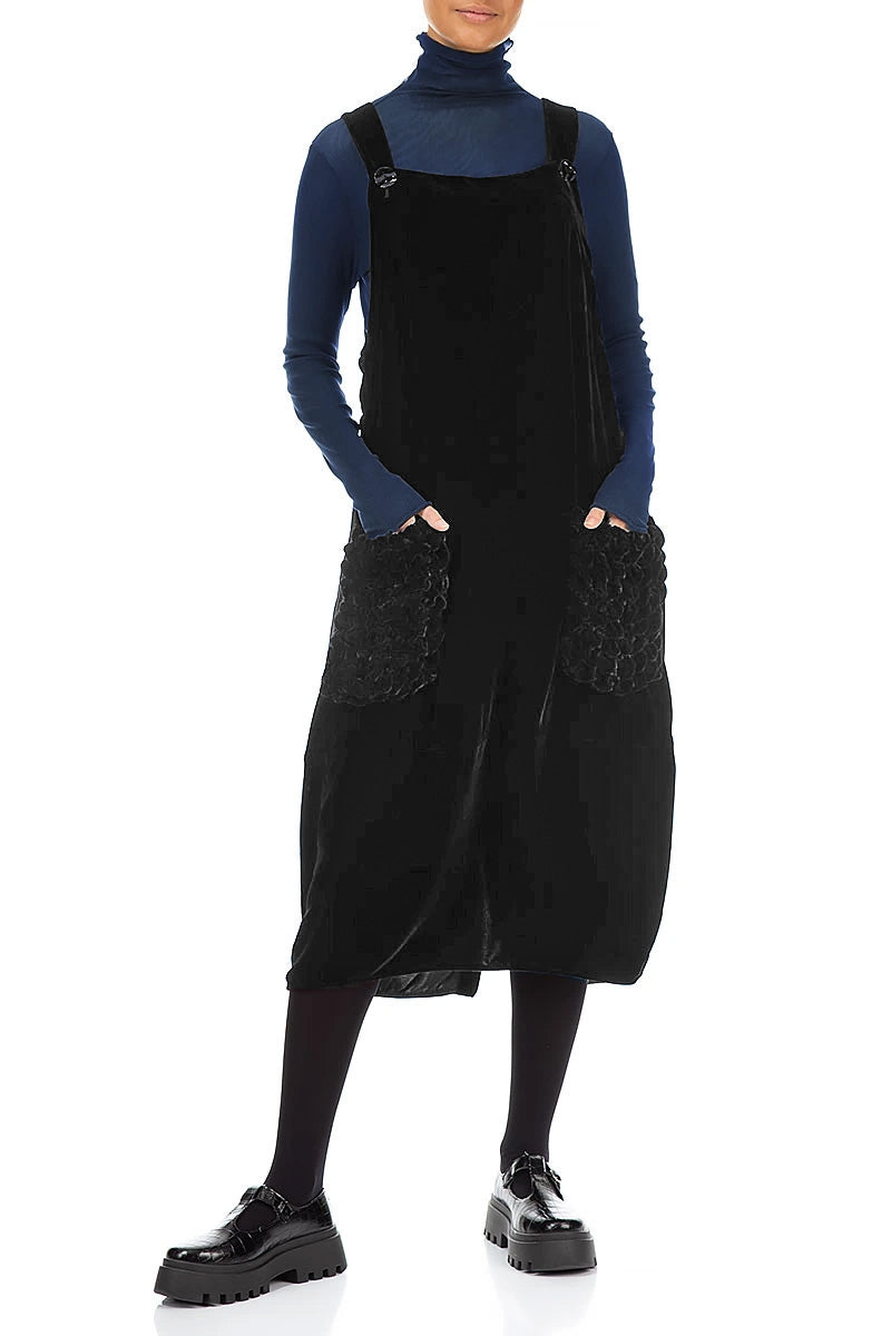 Ruched Pockets Black Silk Velvet Dungaree Dress