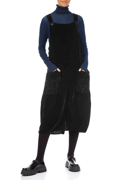 Ruched Pockets Black Silk Velvet Dungaree Dress