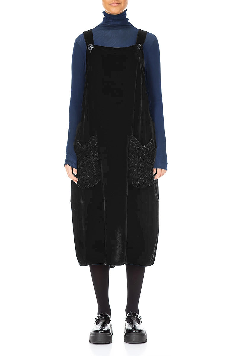 Ruched Pockets Black Silk Velvet Dungaree Dress