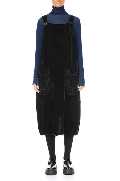 Ruched Pockets Black Silk Velvet Dungaree Dress