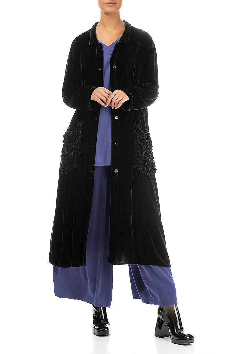Ruched Pockets Black Silk Velvet Jacket - Coat 5