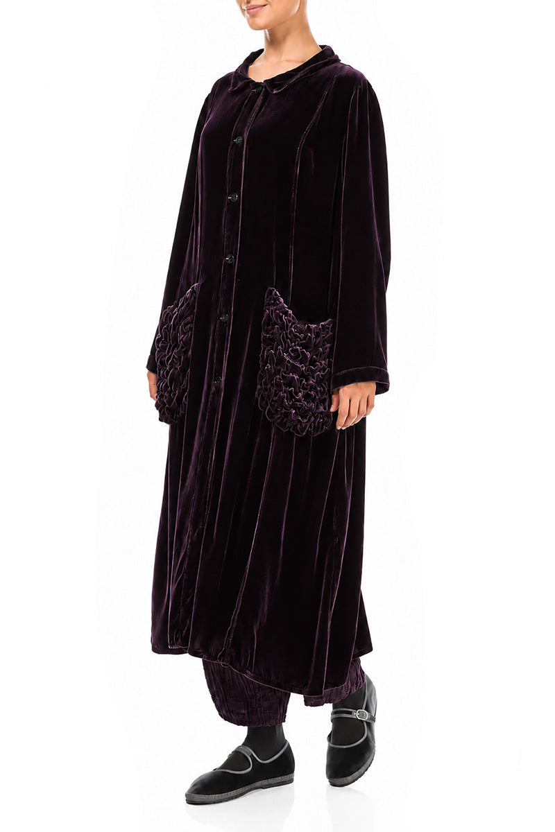 Ruched Pockets Deep Plum Silk Velvet Jacket - Coat 3