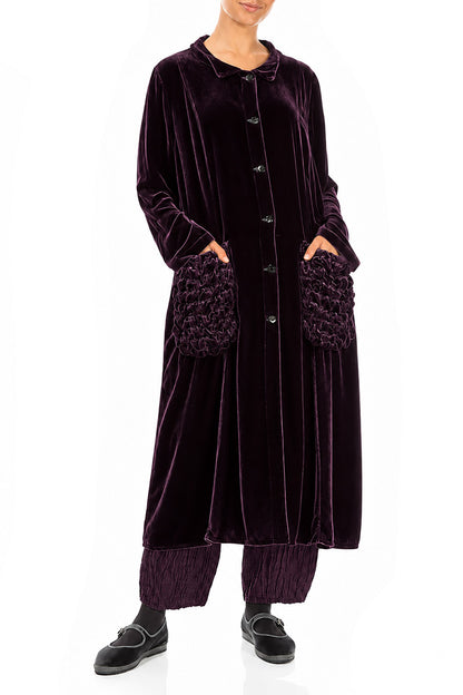 Ruched Pockets Deep Plum Silk Velvet Jacket - Coat 4