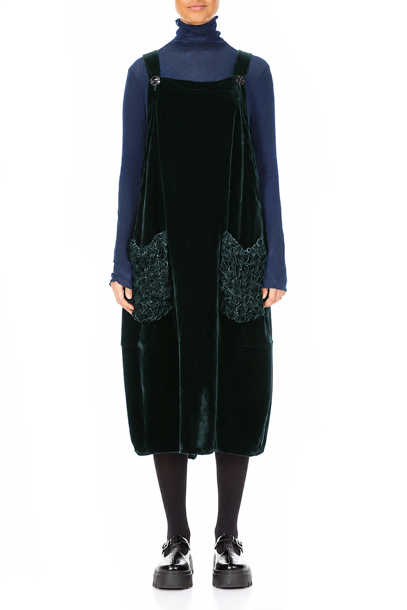 Ruched Pockets Deep Turquoise Silk Velvet Dungaree Dress