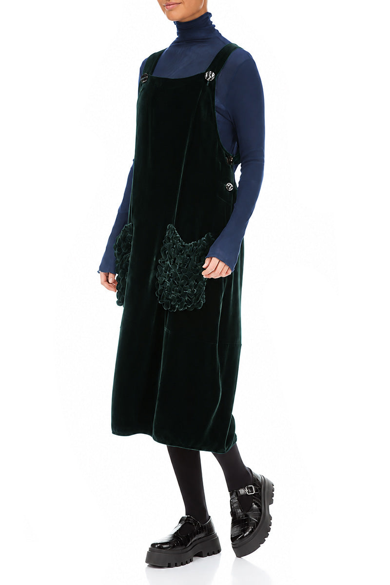 Ruched Pockets Deep Turquoise Silk Velvet Dungaree Dress
