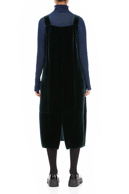 Ruched Pockets Deep Turquoise Silk Velvet Dungaree Dress