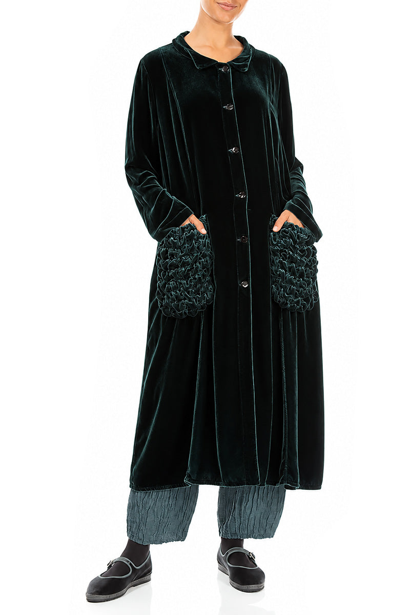 Ruched Pockets Deep Turquoise Silk Velvet Jacket - Coat 4