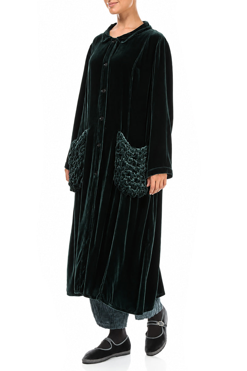 Ruched Pockets Deep Turquoise Silk Velvet Jacket - Coat 3