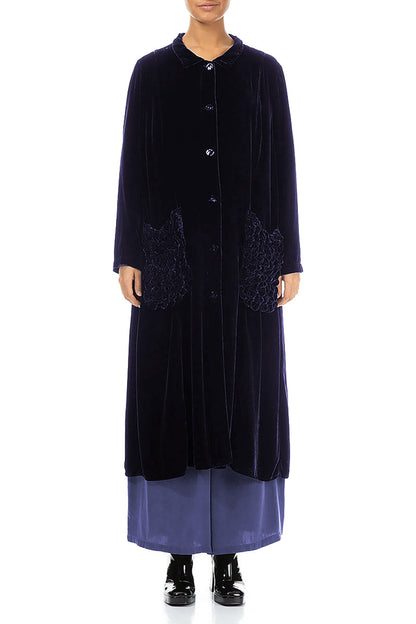 Ruched Pockets Royal Purple Silk Velvet Jacket - Coat 1