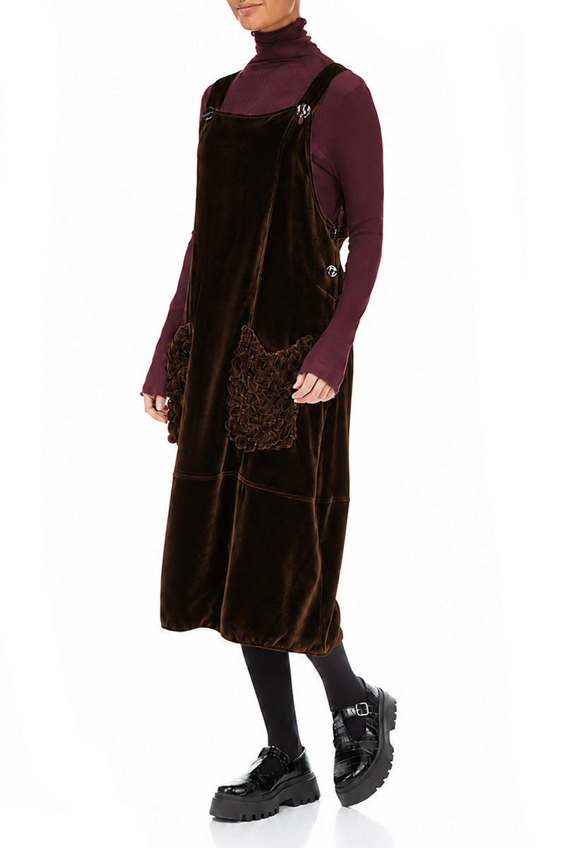 Ruched Pockets Truffle Brown Silk Velvet Dungaree Dress