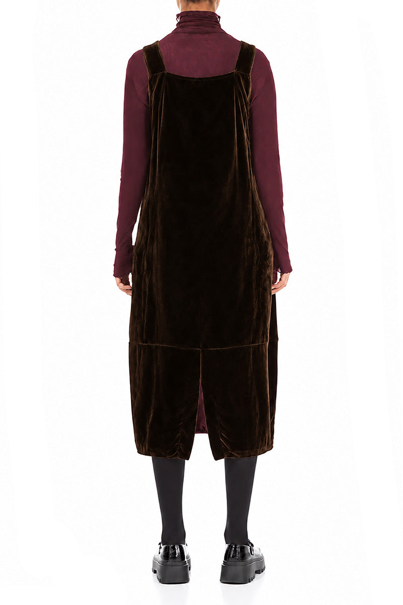 Ruched Pockets Truffle Brown Silk Velvet Dungaree Dress