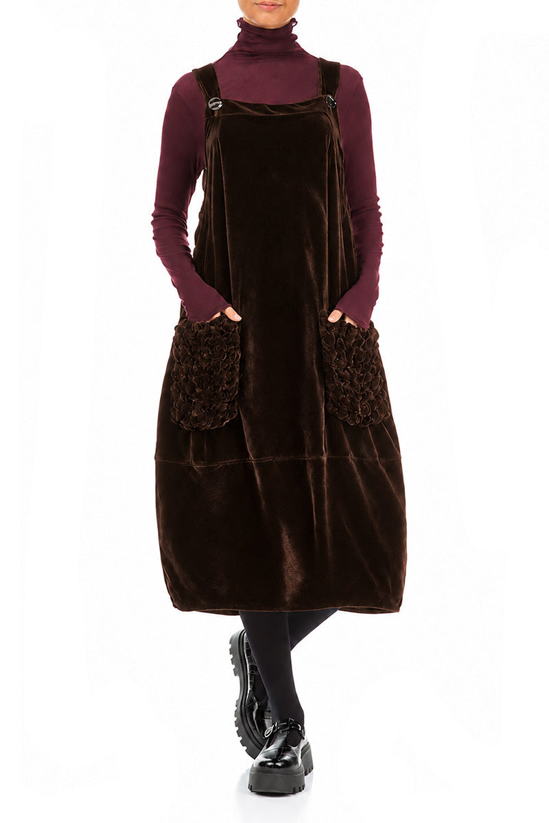 Ruched Pockets Truffle Brown Silk Velvet Dungaree Dress 4