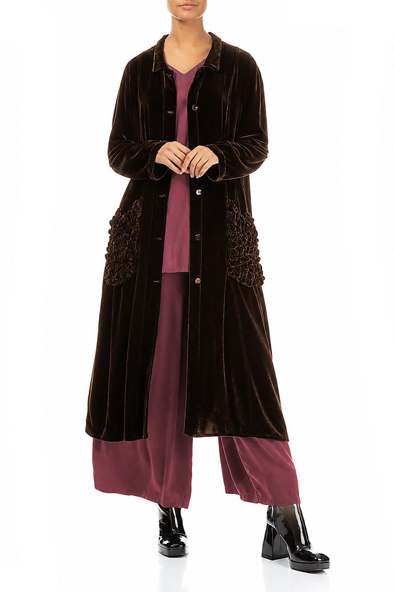 Ruched Pockets Truffle Brown Silk Velvet Jacket - Coat