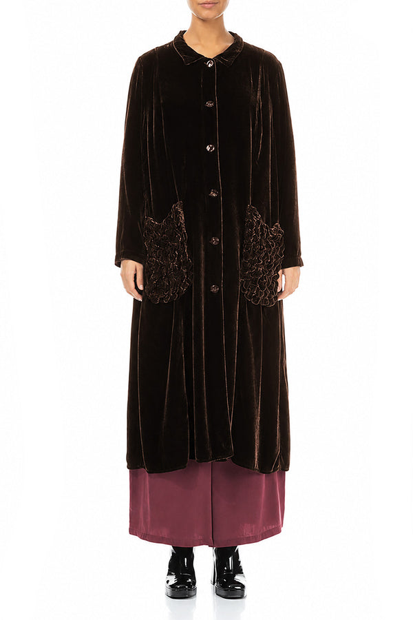 Ruched Pockets Truffle Brown Silk Velvet Jacket - Coat