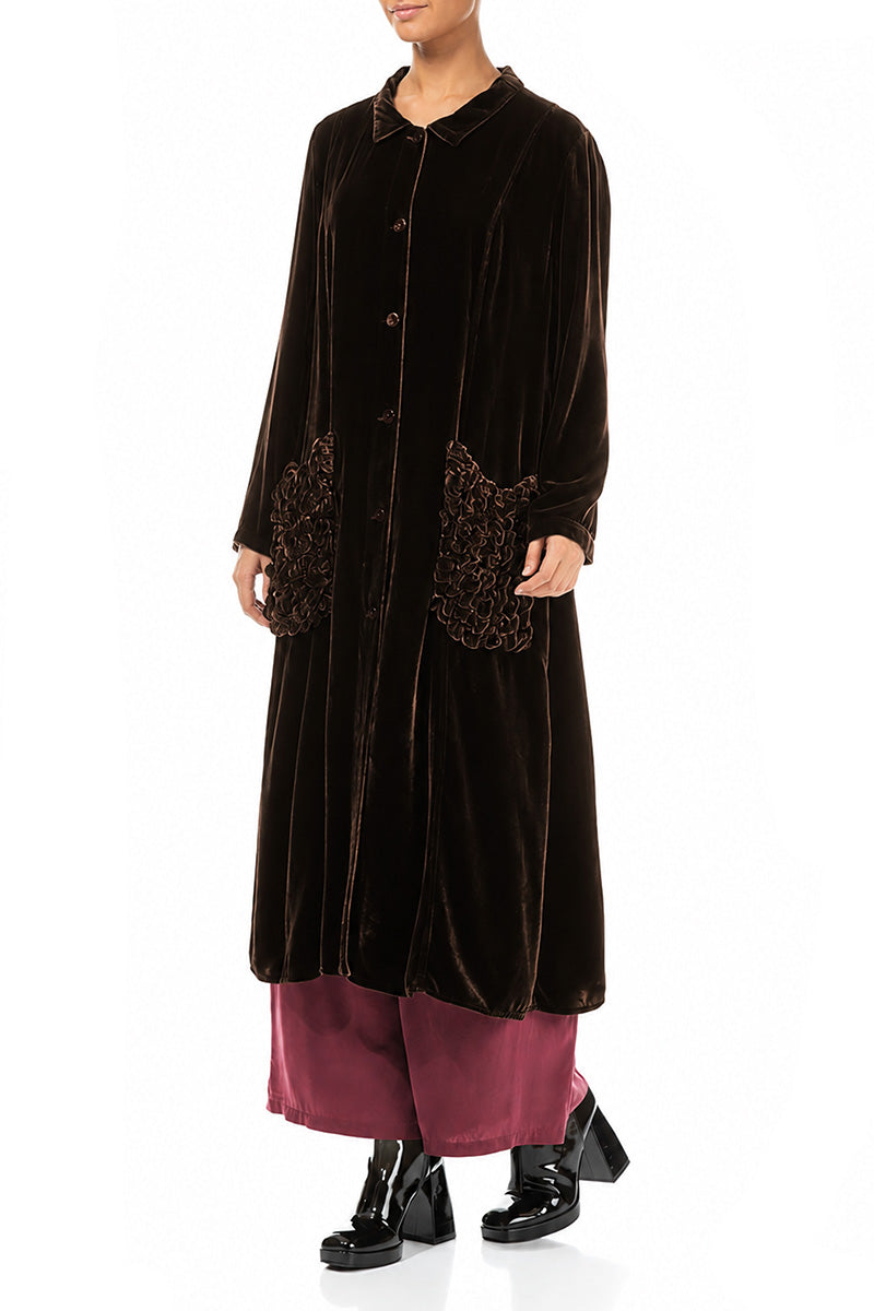 Ruched Pockets Truffle Brown Silk Velvet Jacket - Coat 3