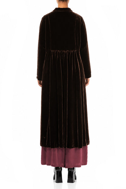 Ruched Pockets Truffle Brown Silk Velvet Jacket - Coat