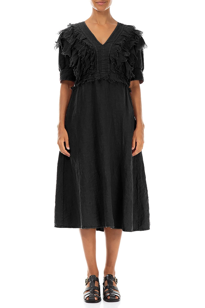 Ruffle Black Linen Dress 1