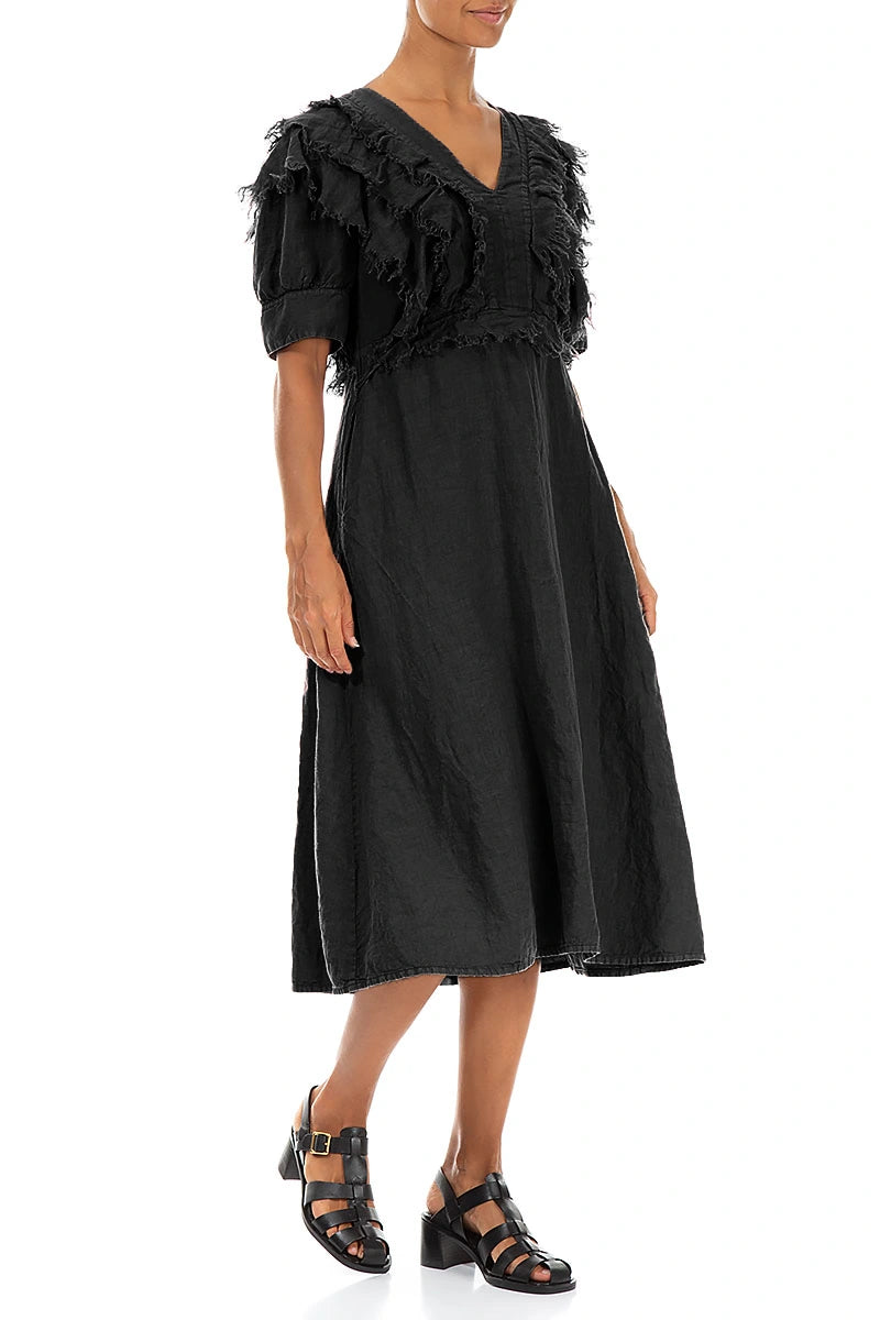 Ruffle Black Linen Dress 3