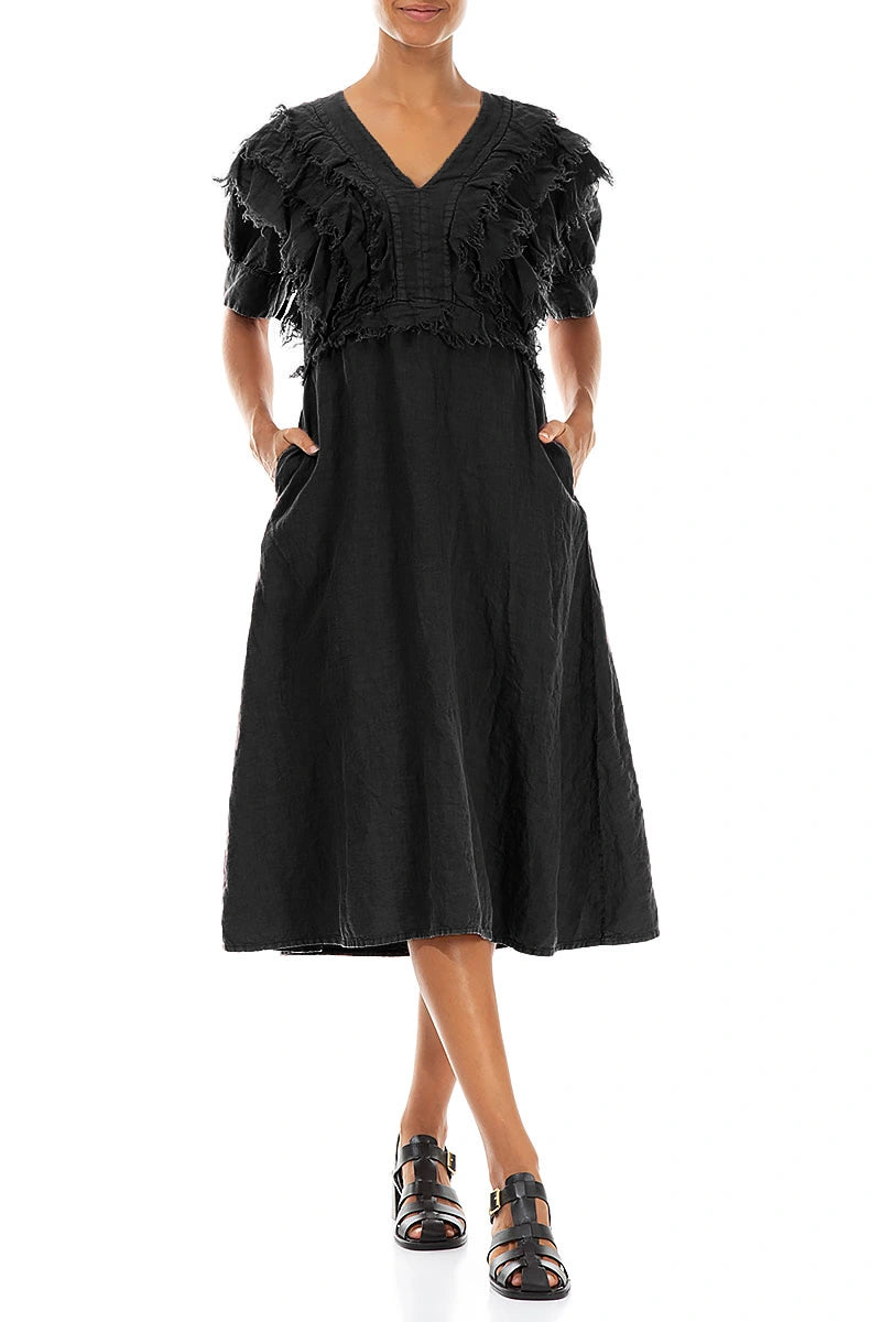 Ruffle Black Linen Dress 4