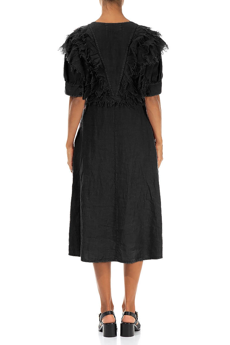 Ruffle Black Linen Dress 2