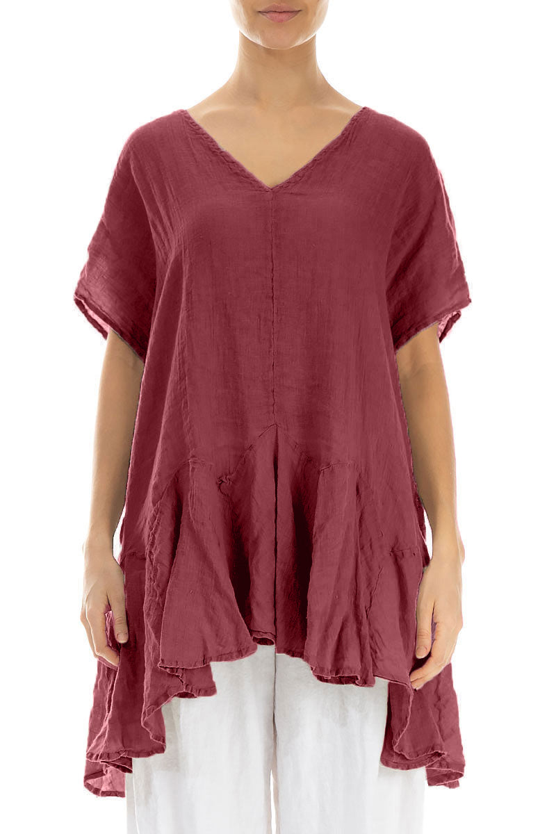 Ruffled Antique Ruby Gauze Linen Blouse 1